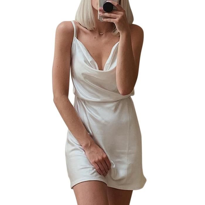 Robe Sexy blanc Satin robe de soiree boite de nuit femmes sans manches ete robe moulante femme Spaghetti sangle Type white Blanc Cdiscount Pret a Porter