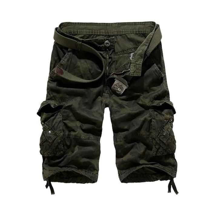 Bermuda Cargo Vintage Homme En Coton - Multi-poches - Sans Ceinture - Pour L'été Et Les Loisirs