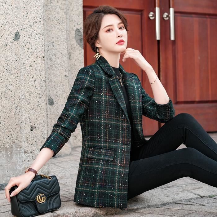 Manteau Veste a carreaux pour femme manteau a la mode style coreen abricot vert printemps automne 2021 Green Plaid Blazer Blanc Cdiscount Pret a Porter