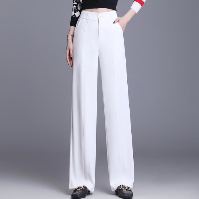 Pantalon Femme Casual Loose Coupe Droite Taille Haute Blanc