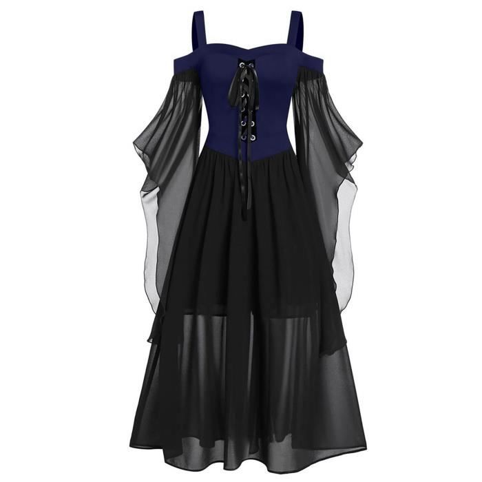 Robe Longue élégante Pour Déguisement Halloween Femme - Style Sorcière Chic - Manches Longues, Col En V - Grande Taille Disponible
