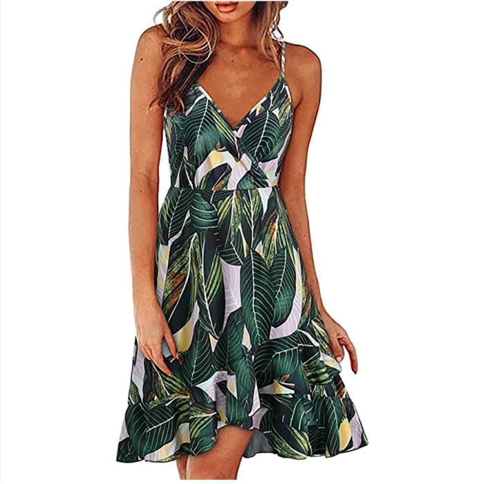 Robe d'été chic en coton vert noir décolleté en V