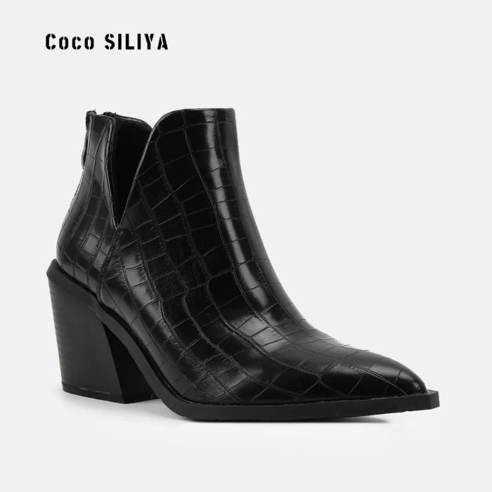 Bottes Femme à Talons Bloc 10 Cm - Pointe Crocodile - Montant Genou - Noir - Neuf Avec Emballage