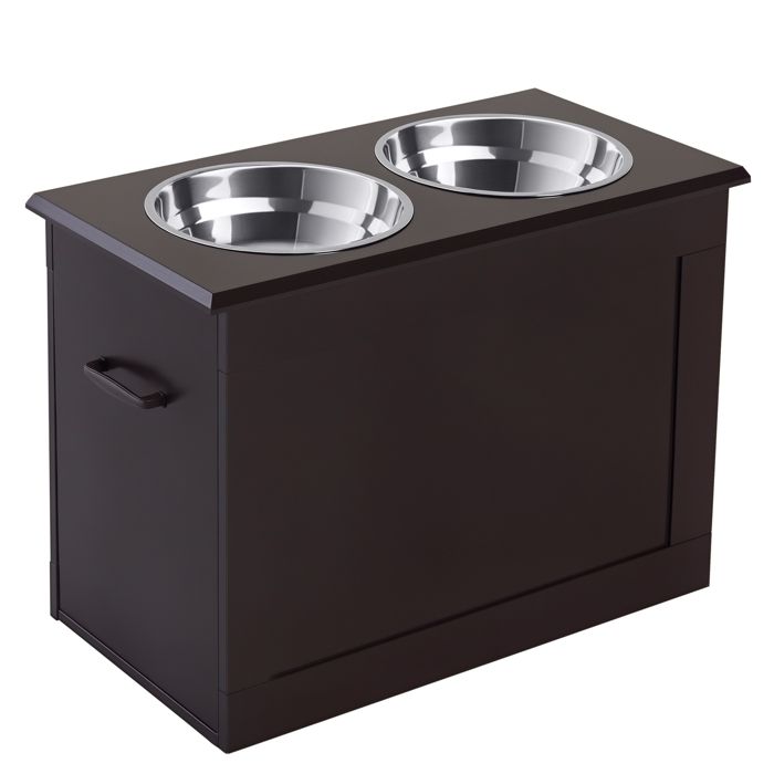 Gamelles chiens surélevées - PawHut - porte-gamelles double 2 L poignées coffre rangement - bois - 60x30x41cm - chocolat