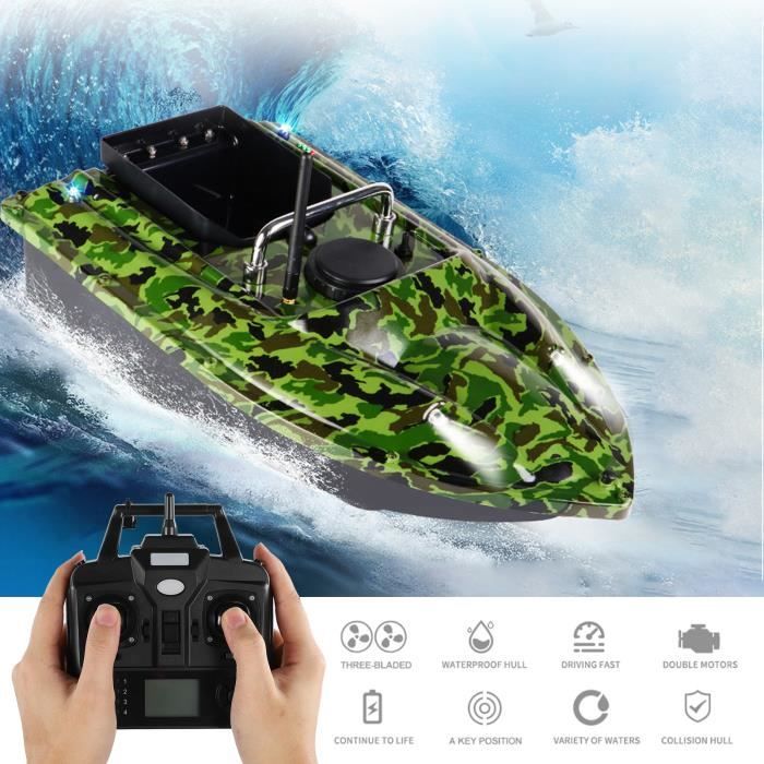 Bateau Lance-appâts Radiocommandé Camouflage - Batterie 12000mAh, Portée 500m, Capacité 2kg