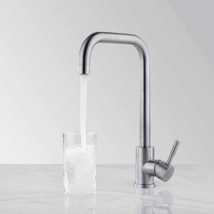 Robinet De Cuisine Moderne Acier Inoxydable - Avec Purificateur, Levier Unique, Couleur Argent, Neuf