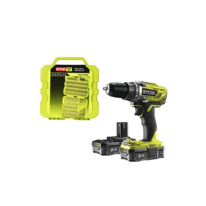 Pack RYOBI perceusse visseuse 18V One+ 2 batteries 2.0Ah chargeur rapide 2.0Ah Coffret 127 accessoires de vissage perçage