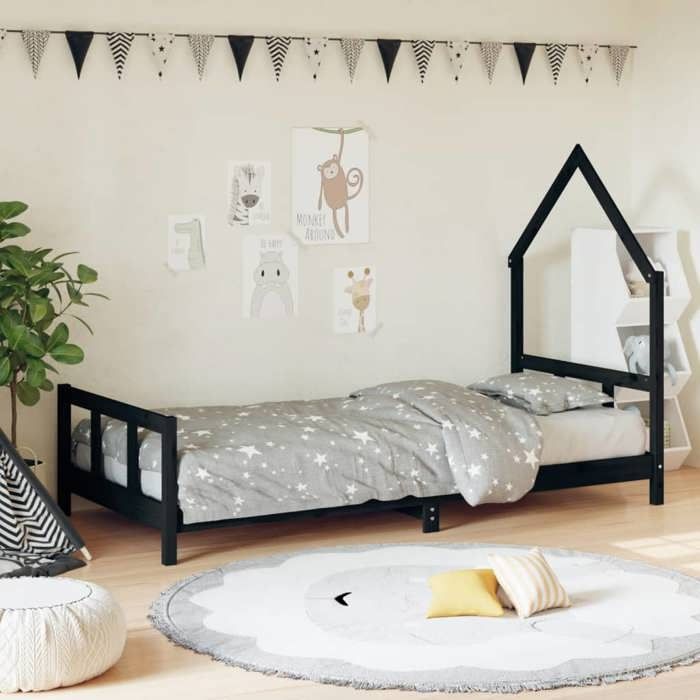 vidaXL Cadre de Lit pour Enfants Lit Simple avec Sommier à Lattes Meuble de Chambre à Coucher Scandinave Noir 90x200 cm 834569
