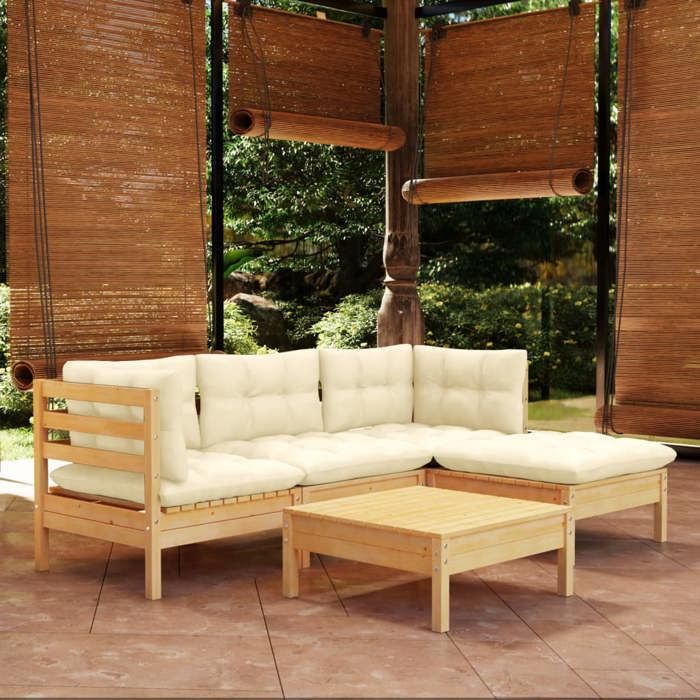 vidaXL Salon de jardin 5 pcs avec coussins crème bois de pin - vue 4