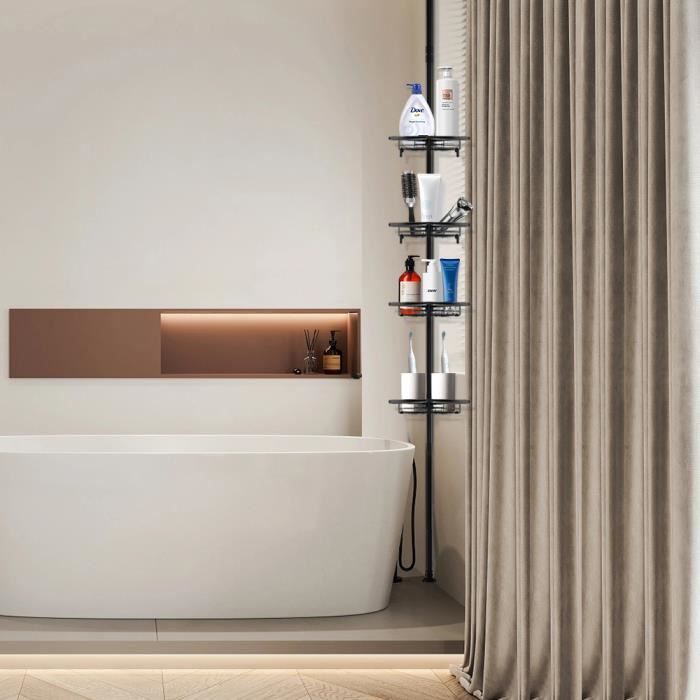 xjing- meuble de salle de bain- etagères de douche réglable-noire- meuble de salle de bain en inox et abs- hauteur 105-300cm