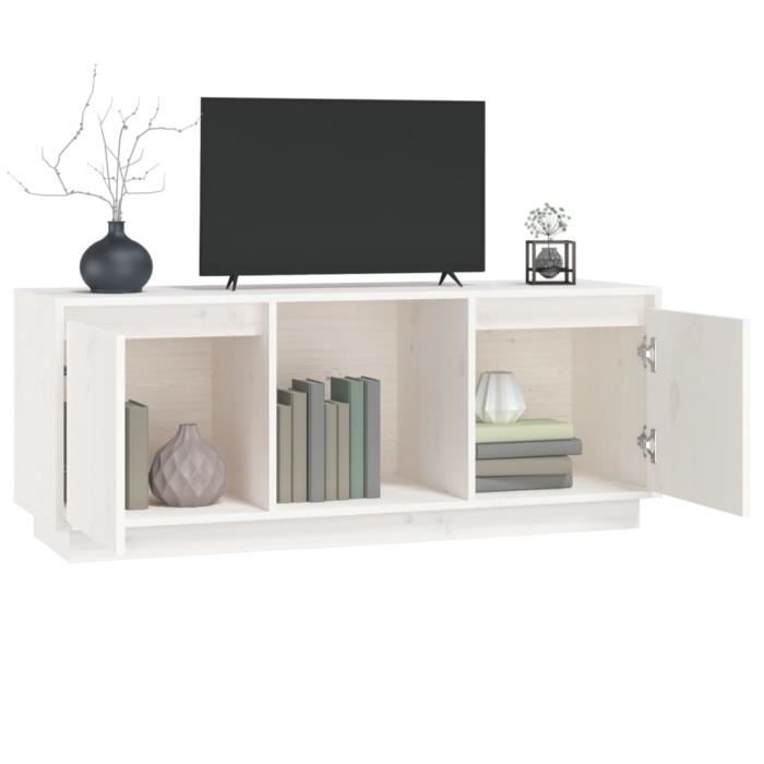 fan - meuble tv blanc 110,5x35x44 cm bois de pin massif - haute qualite yosoo - dx1324