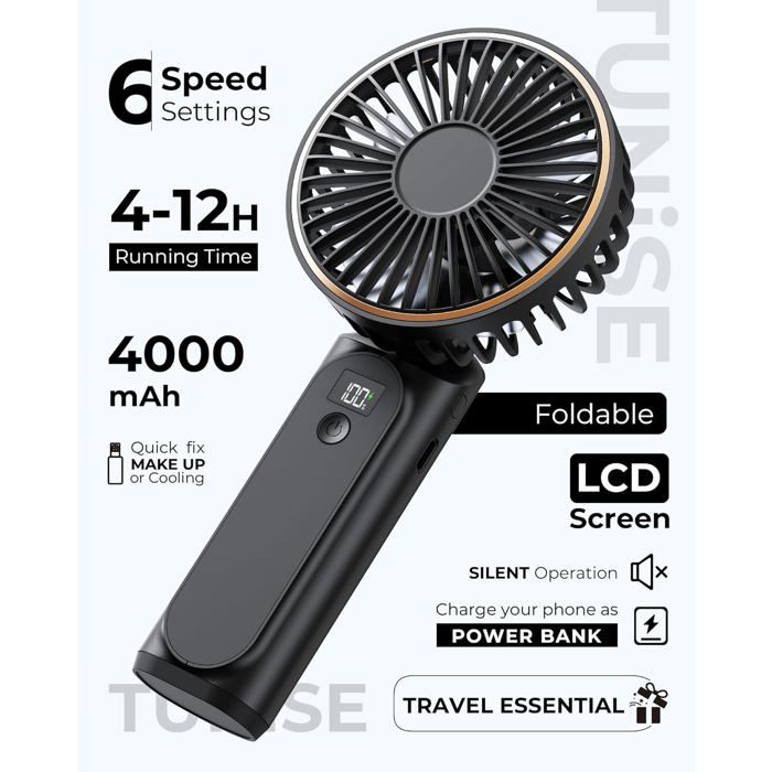 Ventilateur Portable Rechargeable USB – 3 Vitesses, Crochet, Rotation 270° Et Batterie 20000 MAh