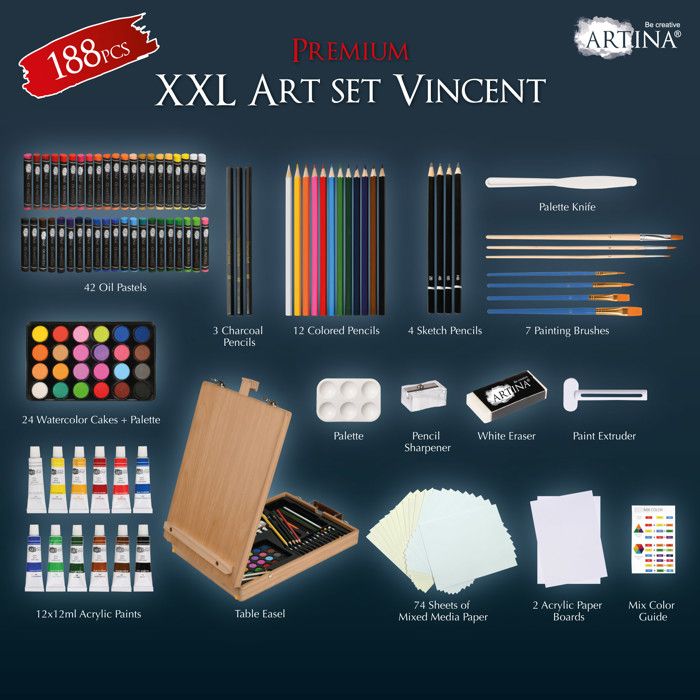 Artina 19pcs Kit Peinture Acrylique avec Coffret en Bois – Coffret Peinture Enfant avec Malette Chevalet Table, Toile, 12x12 ml Couleurs Acryliques, Pinceau – Kit pour Débutants & Artistes – Milano Artina 19pcs Kit Peinture Acrylique avec Coffret en Bois – Coffret Peinture Enfant avec Malette Chevalet Table, Toile, 12x12 ml Couleurs Acryliques, Pinceau – Kit pour Débutants & Artistes – Milano