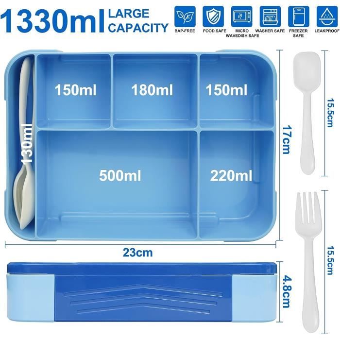 Oamwrae Bento Lunch Box avec Couverts pour Enfants et Adultes, 1300 ml Boite Repas Compartiment, Boite a Lunch Étanche pour L'école, Bureau, Camping, Passe au Micro-Ondes et au Lave-Vaisselle