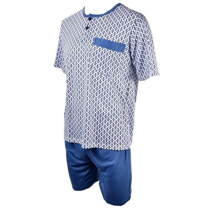Pyjama Court Homme ECO HOMEWEAR OZABI 2941 Marine Toucher Doux Col Boutonne Taille elastique