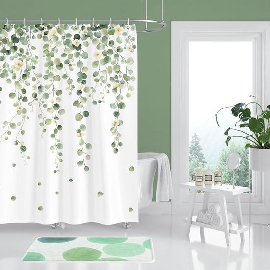 Bonhause Rideau De Douche Feuilles De Lierre 180x180cm - Anti-Moisissure, Imperméable - 12 Crochets Inclus