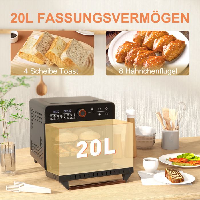 Mini Four HOMCOM 20L - Four à Air Chaud 3 En 1 Avec Friteuse, Grille Et Lumière - 17 Programmes - 40-220°C - Design Rétro Noir