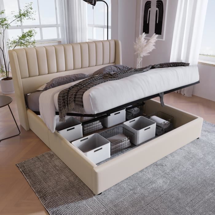 Merax Lit capitonné, 180 x 200 cm, hydraulique, lit Double, avec sommier à  Lattes et Coffre de lit, lit de Rangement avec tête de lit Haute, Lin, pour