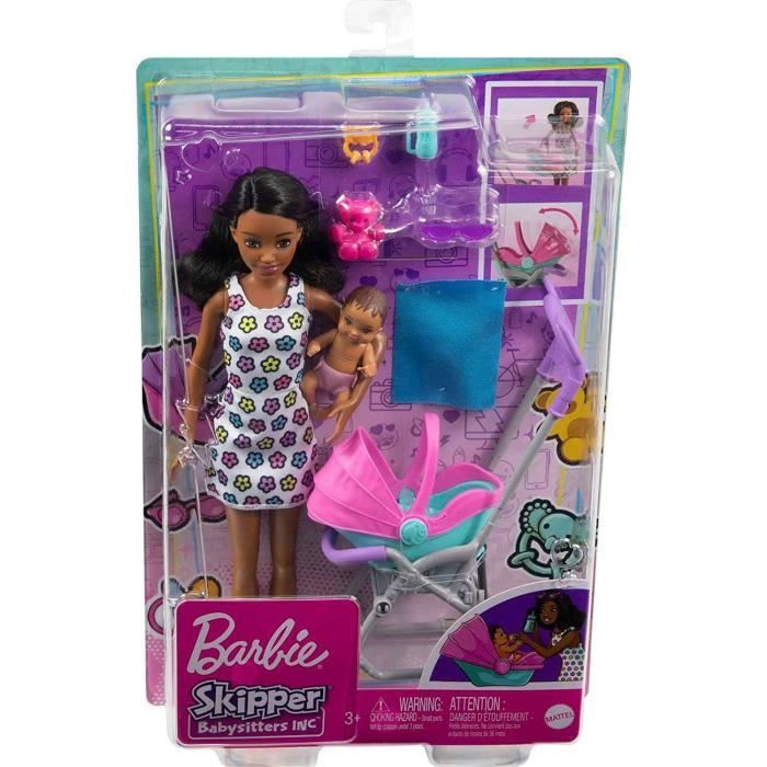 Barbie Ensemble de jeu avec poupée Skipper, poupée bébé, poussette