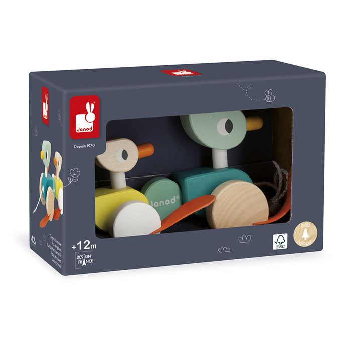 Janod - Poules Et Poussins à Promener En Bois - Jouet à Tirer Éveil Bébé - Roues Silencieuses - Marche Et Imagination - Certifié FSC - Dès 18 Mois, J08259
