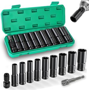 DAKCOS Lot de 9 rallonges de douilles à choc 6,35 mm, 9,5 mm, 1,27 cm, acier au chrome vanadium de qualité supérieure avec finition phosphate noire, plateau de rangement inclus