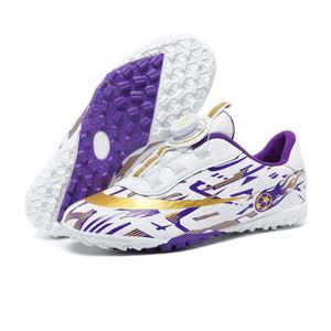ECELEN Chaussures de Football Enfant – courts Crampons – Fermeture à Molette – Blanc et Violet – Terrain Synthétique