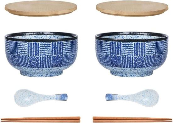 Set De 2 Grands Bols à Ramen En Céramique - 20 Cm, 1200 Ml, Avec Baguettes Et Cuillère, Style Japonais Bleu Et Blanc - 6
