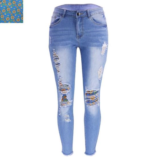 Pantalons jeans Femmes mode dechire ecusson Grande taille Bleu-1 ...
