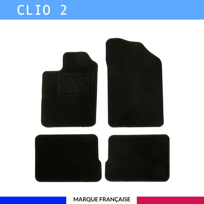 Tapis de sol voiture - Sur mesure pour Renault CLIO 2 (PHASE 2) et CAMPUS (06/2001-10/2012) - Antidérapant - Clips et Scratch