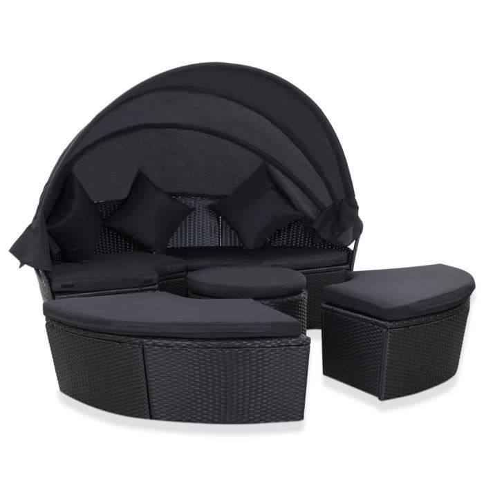 ZHIHU Chaise longue de jardin avec auvent Résine tressée Noir #3