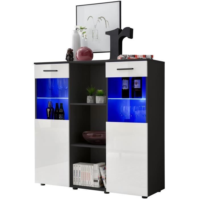 Extreme Furniture Buffet Mirror - LED bleues - Blanc Brillant & Noir - Façades en Brillant - L120cm x H125cm x P41cm