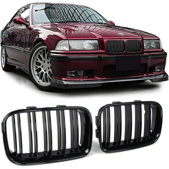 2 GRILLE DE CALANDRE NOIR BRILLANT DOUBLE LAME BMW SERIE 3 E36 PHASE 1 DE 1990 A 08/1996
