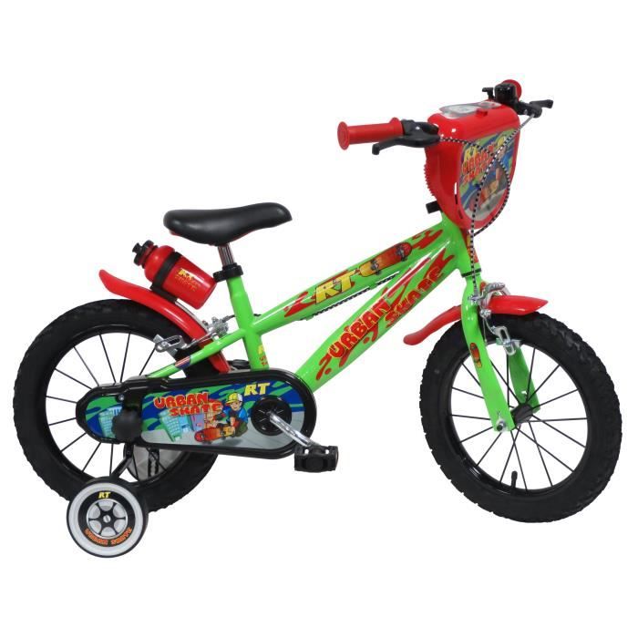 Vélo Enfant 14" URBAN SKATE Garçon ( taille 90 cm à 105 cm ) Vert & Rouge équipé de 2 Freins, Gourde, Porte gourde, Plaque avant