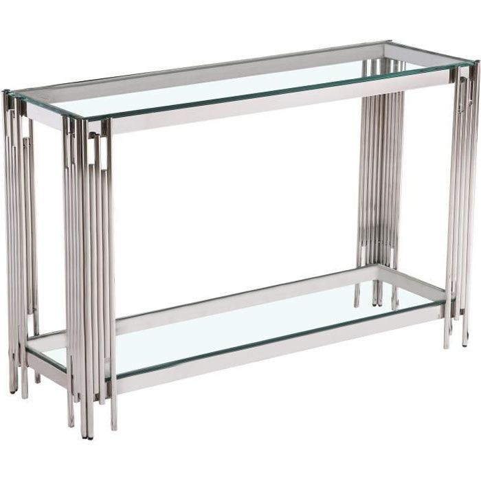 Console design en acier argenté avec plateau en verre transparent collection MILANO L. 120 x P. 40 x H. 78 cm Argenté, Transparent