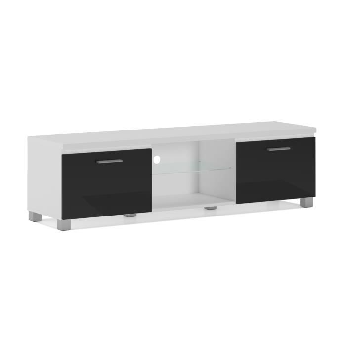 Meuble bas TV LED, Salon-Séjour, Blanc Mate et Noir Laqué, Dimensions: 150 x 40 x 42 cm de profondeur.