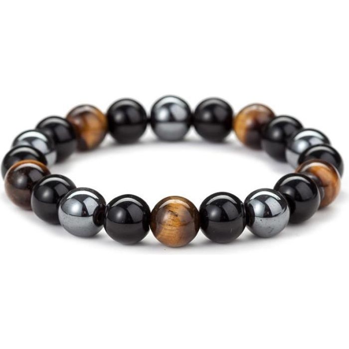Bracelet Rose Homme Et Femme Hématite Noire Obsidienne Oeil De Tigre Argent 22Cm