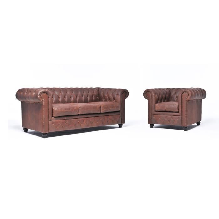 Chesterfield - Canapé 3 places et Fauteuil en cuir Orginal Chesterfield Brighton - Marron chocolat