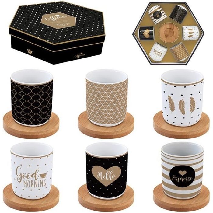 COFFRET 6 TASSES A CAFE EN PORCELAINE SOUS TASSES COFFEE MANIA GOOD MORNING - EASYLIFE