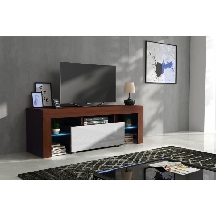 Meuble tv 130 cm corps noyer mat et porte laquée blanc avec led
