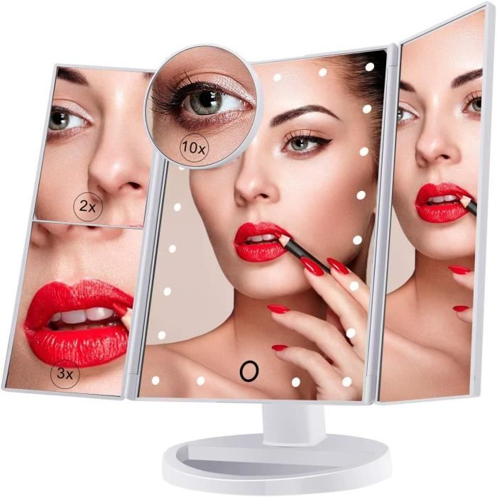 Miroir de Maquillage Oricean Miroir Grossissant Triptyque avec 21pcs LED, Miroir Lumineux 10X/3X/2X avec Ecran Tactile, Alimentation