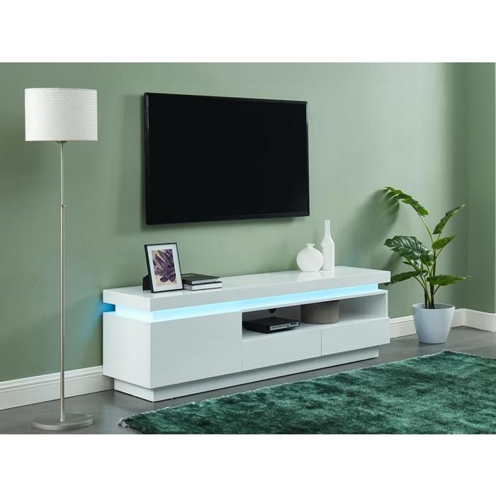 Meuble TV EMERSON II - 1 porte & 2 tiroirs - MDF laqué blanc - LEDs