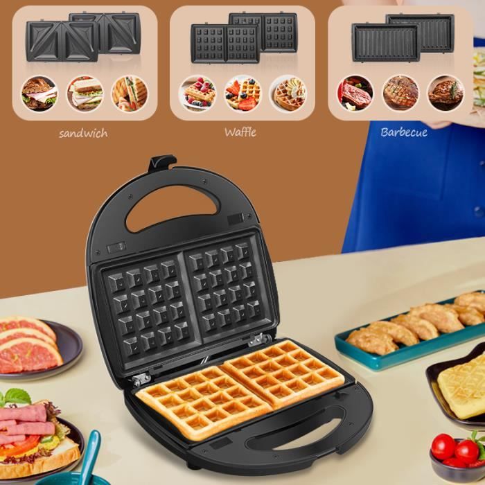 Gaufrier Multifonction 800W - Grill, Sandwich, Gaufre - 2 Veilleuses Contrôlées par Thermostat - Noir