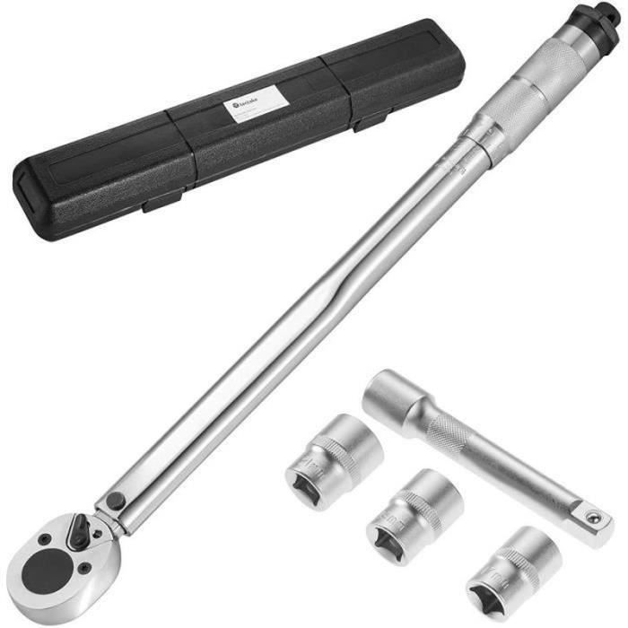 DN40043-Clé Dynamométrique 1-2 ' 46 cm (28-210 Nm) Cliquet carré Reversible + Rallonge 1-2' 12,5 cm + 3 Douilles (17, 19, 21 mm)