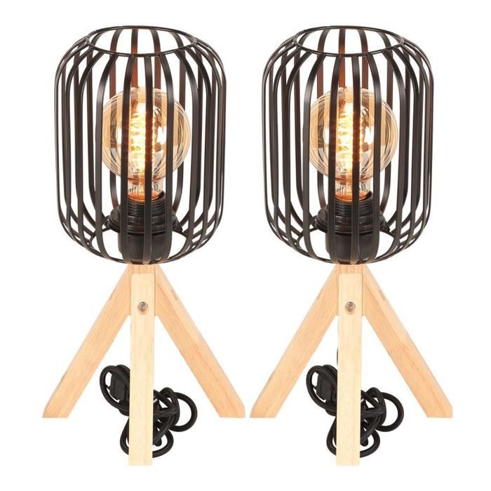 Lampe de Table - IDEGU - Vintage - Trépied en Bois - E27 - 60W Max - Noir