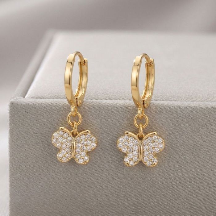 Boucles dOreilles - Femme/Enfant - Créoles - Papillon - Plaqué Or Jaune 750/1000 - Zircons - 23 x 10 mm