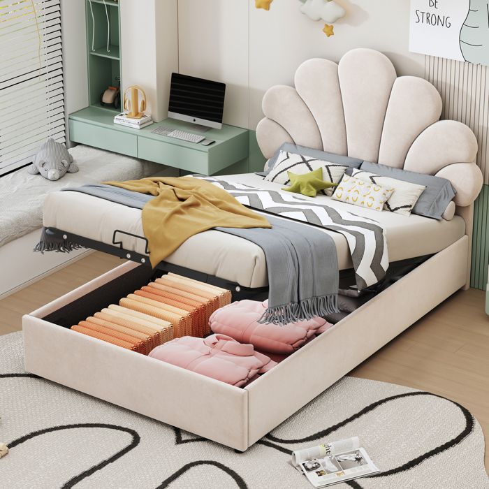 Lit coffre - MODERNLUXE - 90x200cm - Velours beige - Tête de lit fleur - Sommier inclus Lit coffre - MODERNLUXE - 90x200cm - Velours beige - Tête de lit fleur - Sommier inclus
