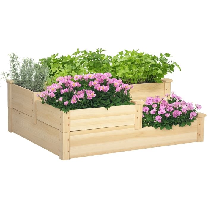 Carré potager - Outsunny - 3 niveaux - zones séparées - design sans fond - en bois massif - 108 x 88 x 36 cm - bois naturel