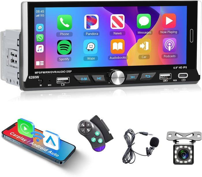 Car Radio, 1 Din Bluetooth with Hands-Free, FM Radio/USB/TF/Aux in/RCA/40 EQ/7 Colors/App, Car, MP3 Player with Remote Control, Stereo Receiver, Fast Charge