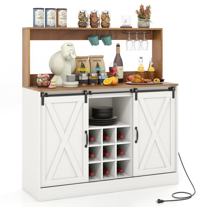 Buffet Multifonction KOMFOTTEU Avec Casier à Vin 9 Bouteilles - Meuble De Rangement Cuisine Et Salle à Manger Style Industriel - Blanc Et Marron
