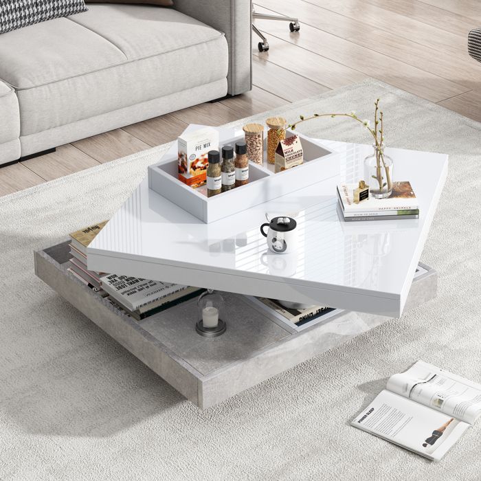 Table Basse Pivotante 360° - Bureau/canapé - Modèle De Marbre Brillant + Rangement - Double Fonction Salon/bureau